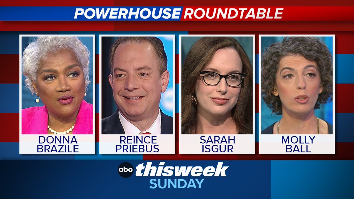 This Week (@thisweekabc) on Twitter photo SUNDAY ROUNDTABLE: <a href="/donnabrazile/">Donna Brazile</a>, <a href="/Reince/">Reince Priebus</a>, <a href="/whignewtons/">Sarah Isgur</a> & <a href="/mollyesque/">Molly Ball</a> join <a href="/MarthaRaddatz/">Martha Raddatz</a> to discuss all the week’s politics. Only on <a href="/ThisWeekABC/">This Week</a> abcnews.link/dLTGcto SUNDAY ROUNDTABLE: <a href="/donnabrazile/">Donna Brazile</a>, <a href="/Reince/">Reince Priebus</a>, <a href="/whignewtons/">Sarah Isgur</a> & <a href="/mollyesque/">Molly Ball</a> join <a href="/MarthaRaddatz/">Martha Raddatz</a> to discuss all the week’s politics. Only on <a href="/ThisWeekABC/">This Week</a> abcnews.link/dLTGcto