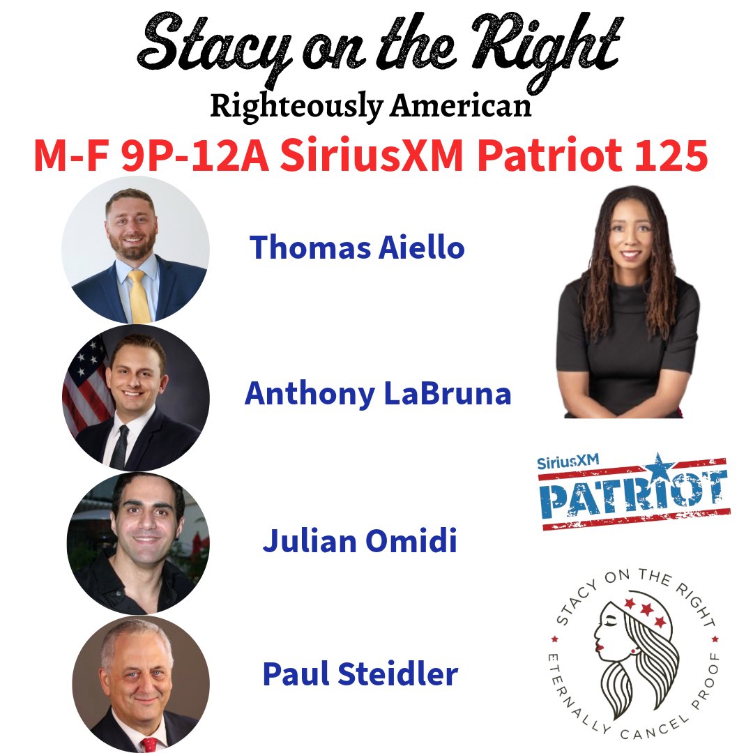 Tonight On <a href="/StacyOnTheRight/">Stacy Washington</a> 9pm-12am ET Fri 7/18

9:20pm <a href="/NTU/">National Taxpayers Union</a>

10:00pm <a href="/anthony_labruna/">Anthony LaBruna</a>

11:00pm <a href="/JulianOmidi2/">Julian Omidi</a>

11:35pm <a href="/PaulSteidler/">Paul Steidler</a>

Tonight's Opening Verse: Psalm 144
Call In Now: 866-957-2874
sxm.app.link/Patriot
sxm.app.link/StacyOnTheRight
#SOTR #RighteouslyAmerican