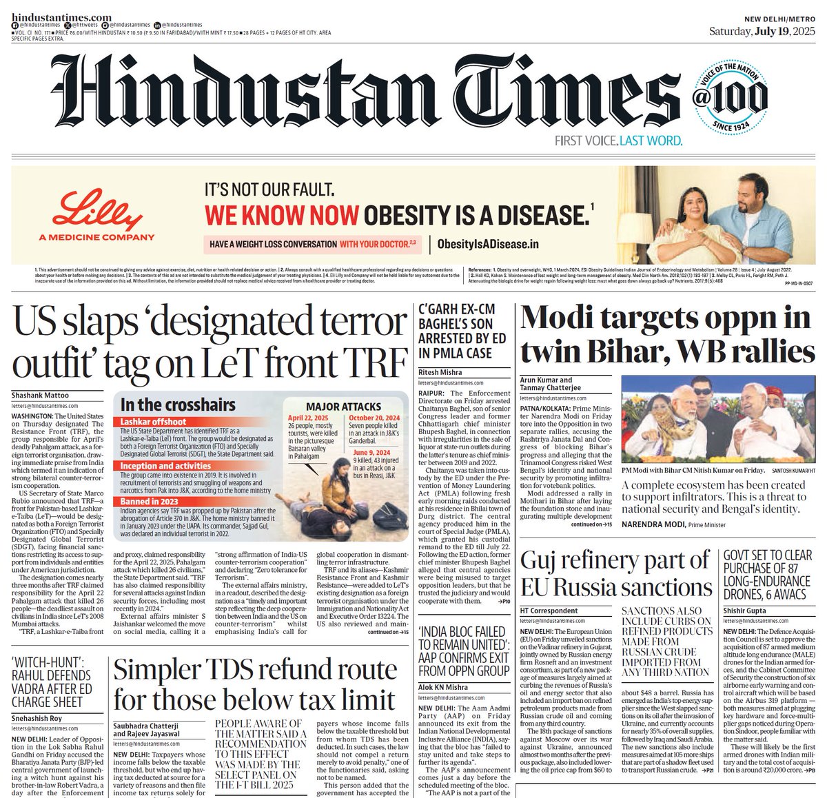 HindustanTimes's tweet image. ▶ US slaps 'designated terror outfit' tag on LeT front TRF
▶ Modi targets oppn in twin Bihar, WB rallies
Read more in today's Hindustan Times print edition: epaper.hindustantimes.com
Subscribe bit.ly/2QAOH22
