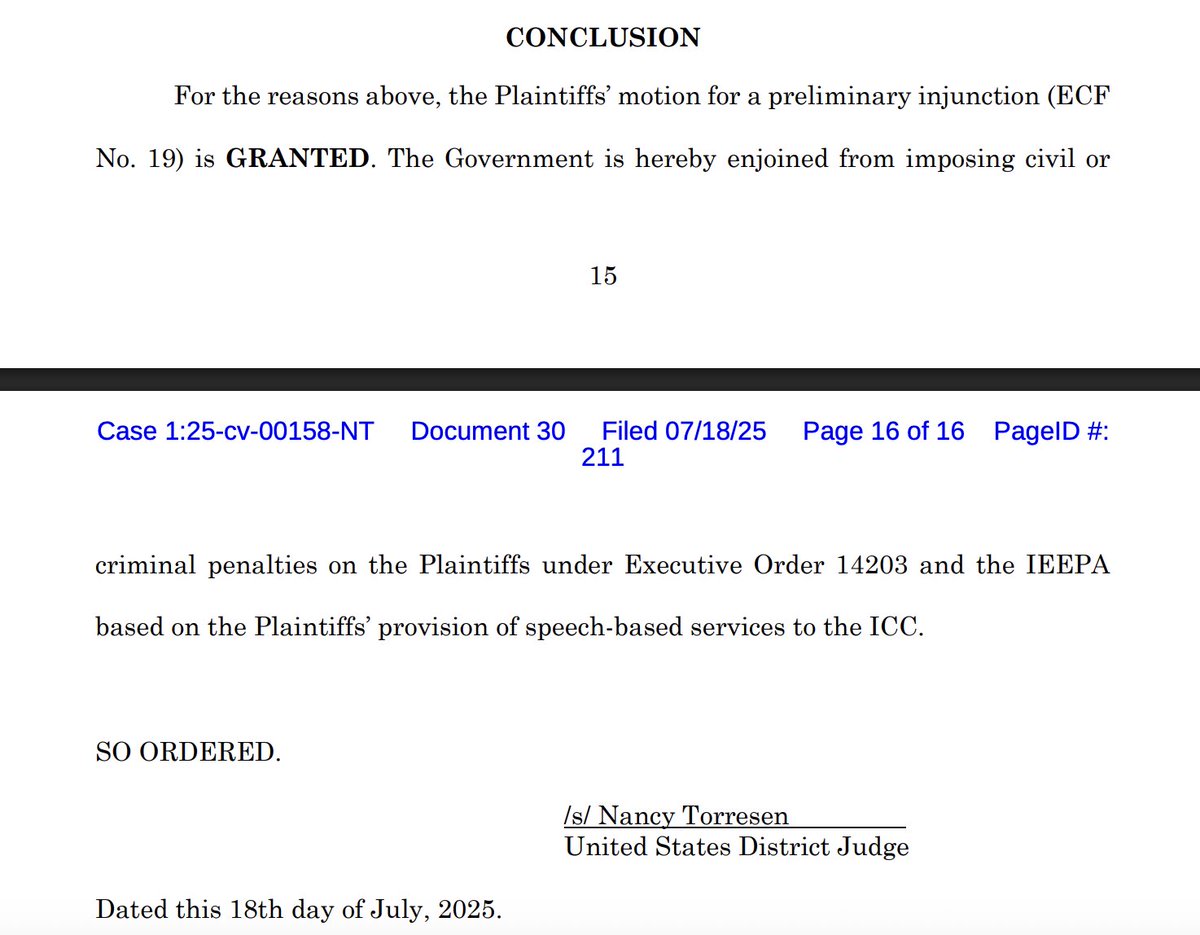 kyledcheney's tweet image. JUST IN: A federal judge has barred the Trump administration from enforcing Trump's executive order punishing people who work with the ICC, calling it an unconstitutional infringement on free speech.
storage.courtlistener.com/recap/gov.usco…