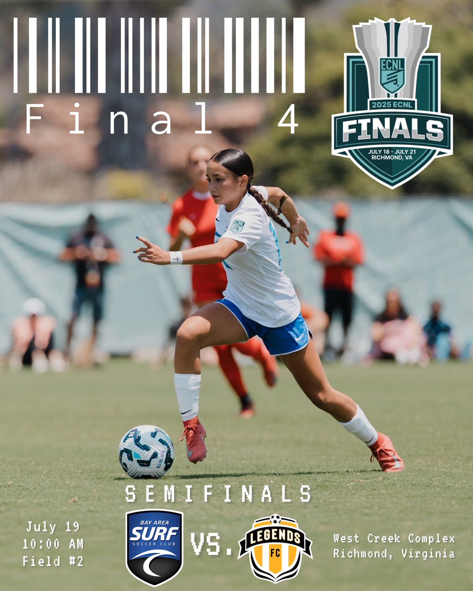 Onto the Semifinals tomorrow! #ECNLFinals 

Bay Area Surf vs. Legends 
10:00 AM / Field #2

📍West Creek Complex, Richmond, VA