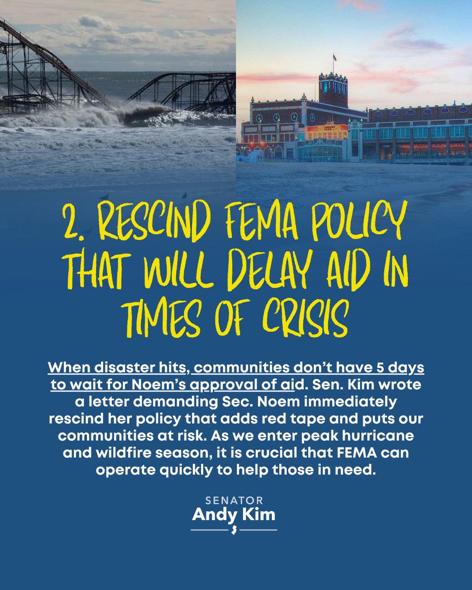 SenatorAndyKim's tweet image. This week, I urged Sec. Kristi Noem to ensure FEMA is fulfilling its mission on behalf of the American people.
We've seen how harmful a lack of response can be, and we must be prepared to assist communities in times of crisis and prepare them to respond, whether it be to…