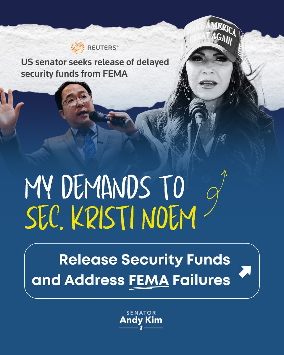 SenatorAndyKim's tweet image. This week, I urged Sec. Kristi Noem to ensure FEMA is fulfilling its mission on behalf of the American people.
We've seen how harmful a lack of response can be, and we must be prepared to assist communities in times of crisis and prepare them to respond, whether it be to…