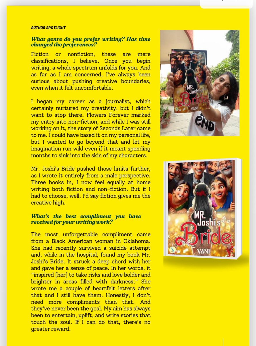 Vani_Author's tweet photo. Delighted to share that Mr. Joshi’s Bride and my spiritual and publishing journey have been featured in the July edition of Reader’s Choice magazine, which reaches over 2 lakh readers monthly.

Link to the magazine (turn to page 127 for the write up):

https://t.co/5c312p138F https://t.co/ENVgreuVPR