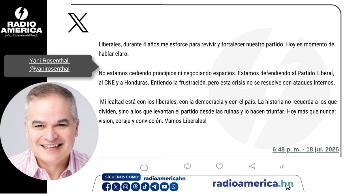 El expresidente del Consejo Central Ejecutivo del Partido Liberal de Honduras (CCEPLH), Yani Rosenthal, dice que "no estamos cediendo principios ni negociando espacios, estamos de defendiendo el Partido, al CNE y a Honduras".

#RadioAmérica #LATAM #AméricaNoticias
¿Buscas