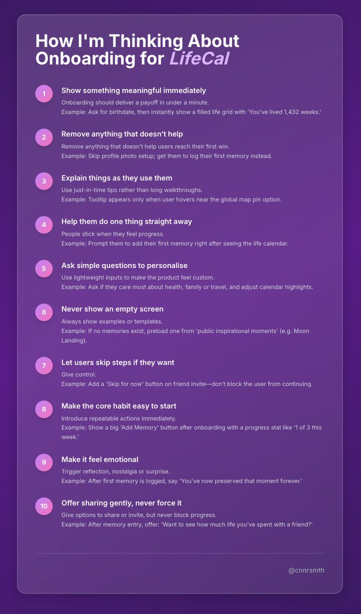 I’m finally at the onboarding step for LifeCal.

I screwed this up on my last app. Not making that mistake again.

Spent today deep diving into Product Onboarding books incl. <a href="/StevenCravotta/">Steven</a>  videos.

Here are 10 principles I’ll be testing to get it right this time 👇