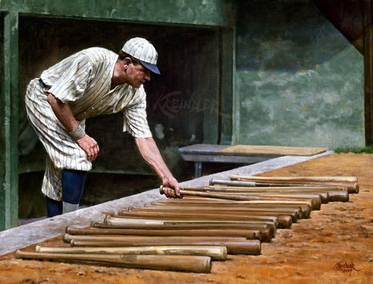 GraigKreindler's tweet image. #OTD in 1921, Babe Ruth became the all-time home run leader after hitting his 139th career blast, passing Roger Connor’s total of 138. It was his 36th homer of the season, one that traveled over 500 feet. Here’s my painting of him at the Polo Grounds later that same year.