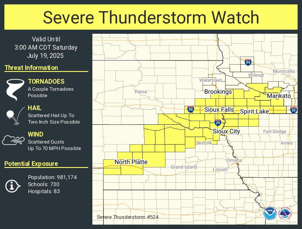 IAStormChasing's tweet image. A severe thunderstorm watch has been issued for parts of Iowa, Minnesota, Nebraska and South Dakota until 3 AM CDT