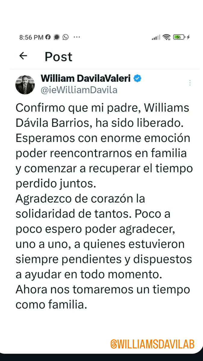 #18Jul Dando gracias a Dios por esta noticia, la libertad de nuestro compañero <a href="/williamsdavila/">Williams Dávila</a> y de otros presos políticos, seguimos en oración y pidiendo la libertad de todos los presos políticos en Venezuela. #PresosPoliticos #Venezuela