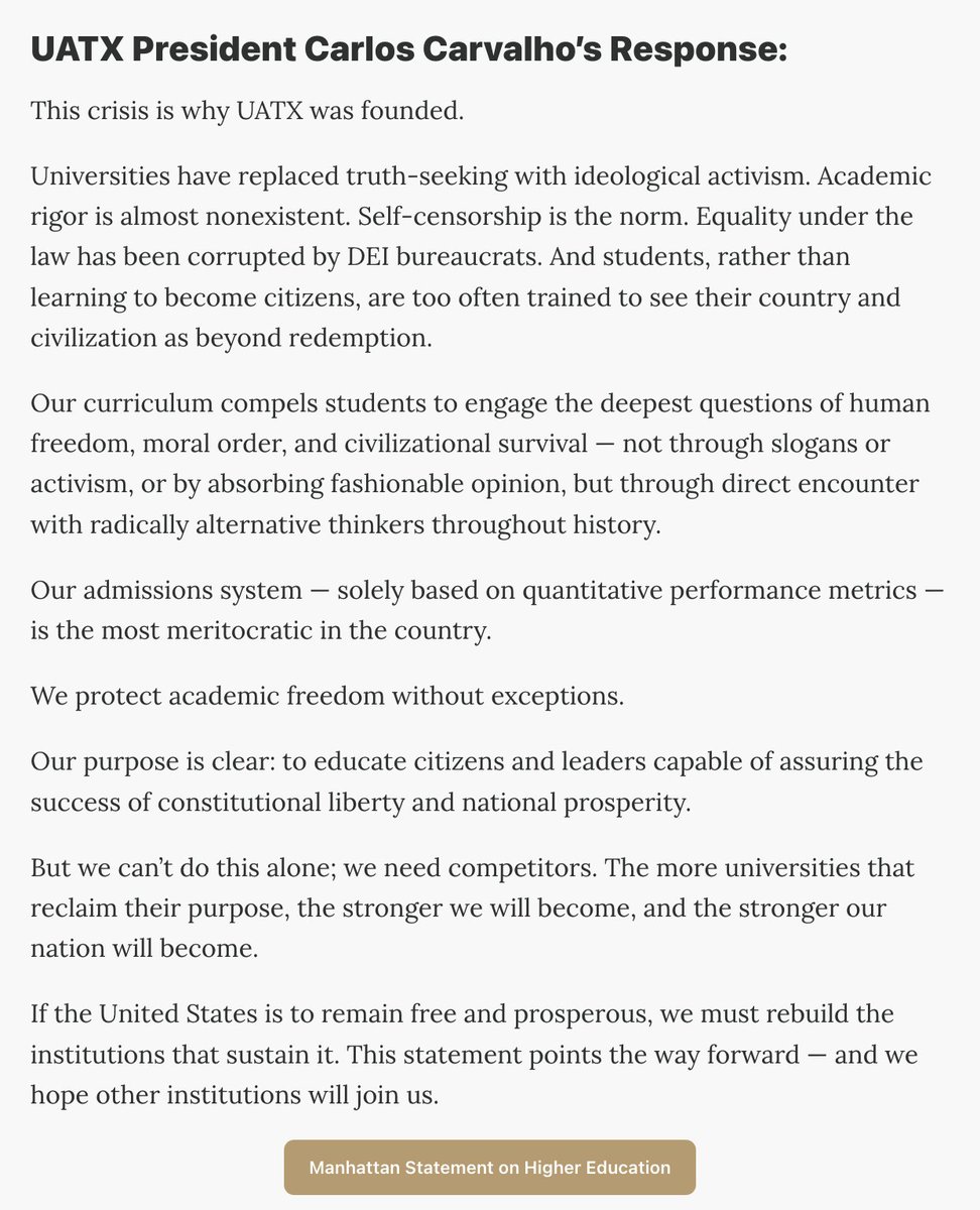 realchrisrufo's tweet image. Fantastic letter of support for the Manhattan Statement from @uaustinorg, which is pioneering a new model for higher education. UATX's new president, Carlos Carvalho, is a brilliant mind, capable leader, and tough under pressure. A great new institution.