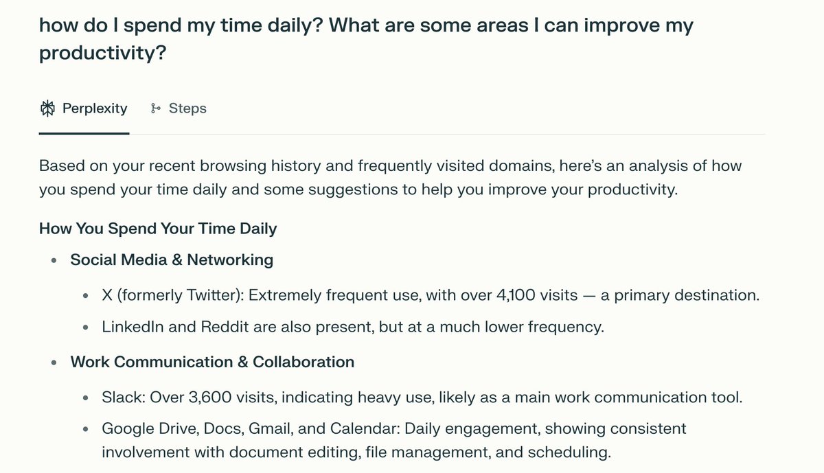 camerontstow's tweet image. Asking Comet to outline how I spend my time and ways I can improve productivity: