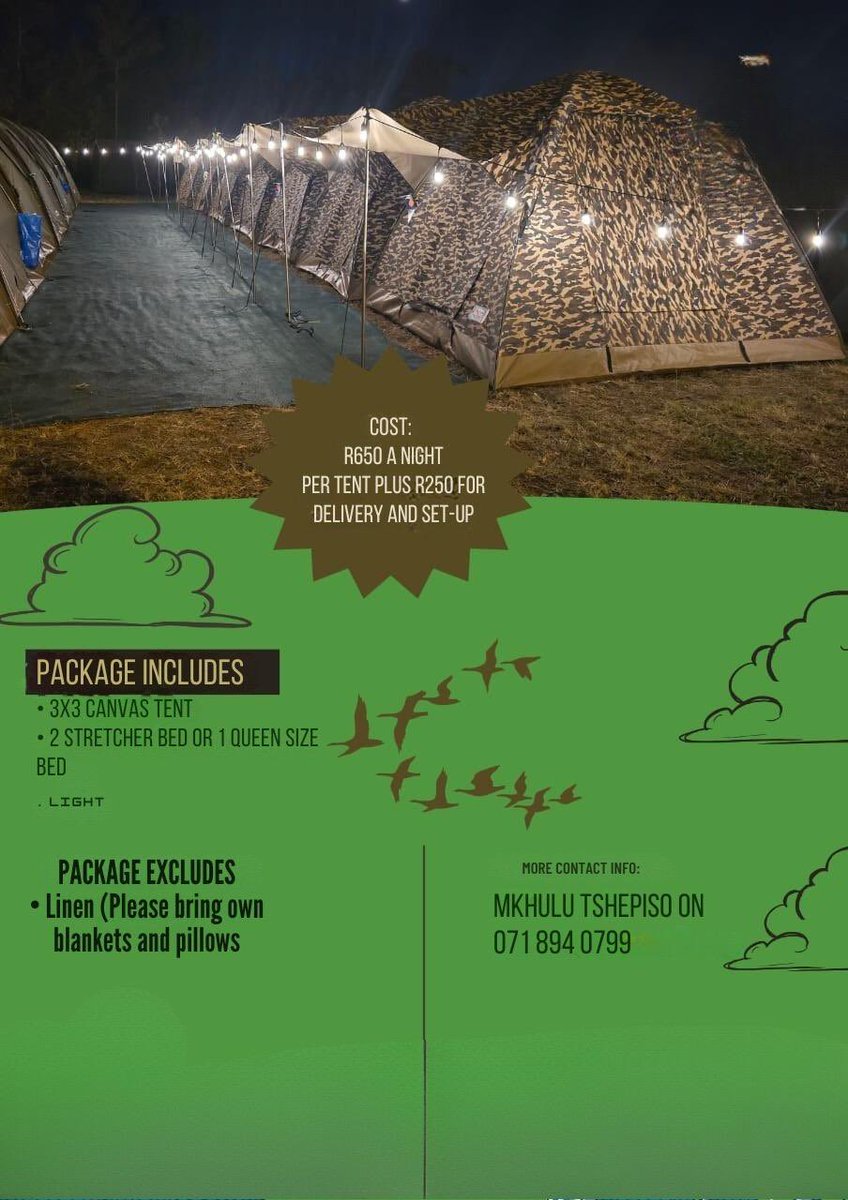 GEK_movement's tweet image. Thokozani Royals👏🏿. Please note for those joining us eNzaloyelanga there are only 15 tents available for hire at R650 per night plus R250 for delivery and set up! Kindly contact the number on the first poster to book your tent. Thanks 🙏🏿
