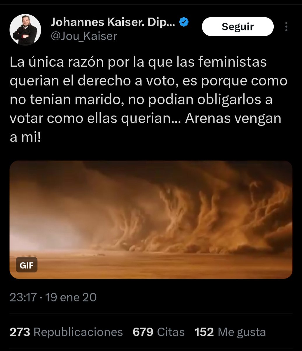 "La única razón por la que las feministas querían el derecho a voto, es porque como no tenían marido, no podían obligarlos a votar como ellas querían." 💪

Johannes Kaiser.