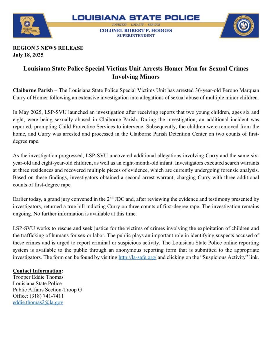 LAStatePolice's tweet image. Louisiana State Police Special Victims Unit Arrests Homer Man for Sexual Crimes Involving Minors