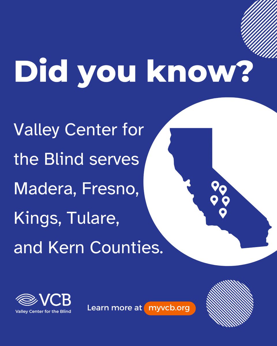 You can find VCB offices in Fresno, Visalia, and Bakersfield, but did you know that we serve more counties in the Central Valley? We support people who are blind or have low vision across Madera, Fresno, Kings, Tulare, and Kern Counties. Learn more at myvcb.org.