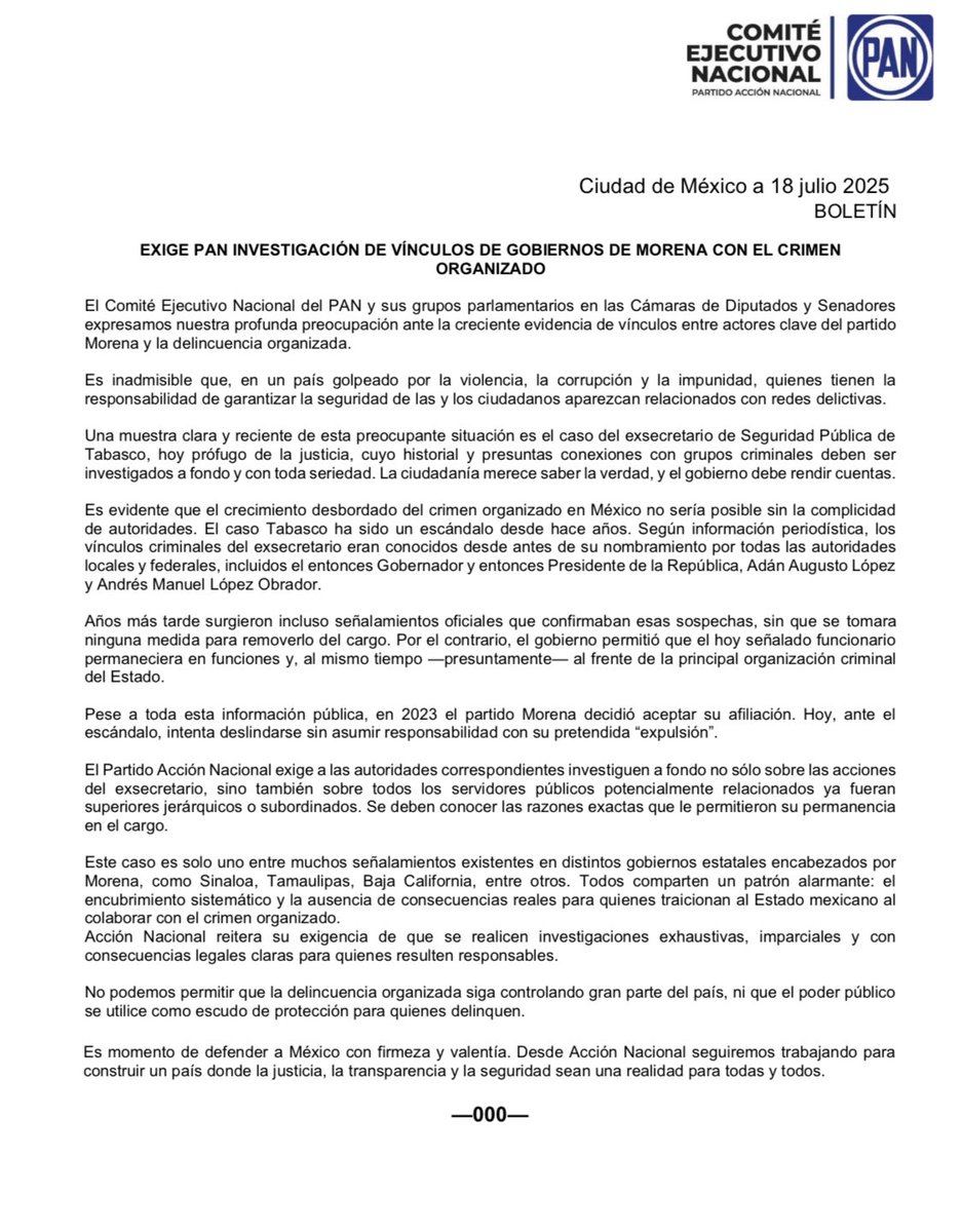 #Boletín

Exigimos una investigación de vínculos de Gobiernos de Morena con el crimen organizado.

Expresamos nuestra profunda preocupación ante la creciente evidencia de vínculos entre actores clave del partido Morena y la delincuencia organizada.