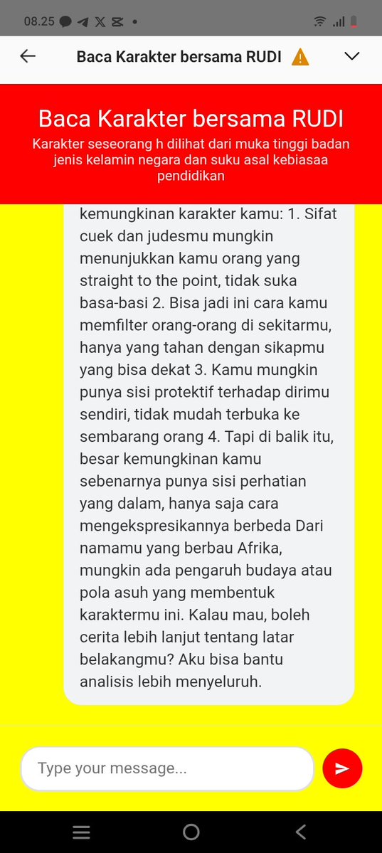 Elshe afriani (@ratuelsa27) on Twitter photo Bukan hanya keahlian tetapi baca karakter AI chat bot juga bisa para pioner bebas berkreatifas.. Contoh Baca karakter bersama Rudi
Aku coba masuk ya dan tanya aku Elshe Afriani orangnya cuek dan judes 🤣
<a href="/dorisyincpa/">Doris Yin 东方紫莲🪷</a>
<a href="/lurima_pi/">Lumari 🦋</a>
<a href="/NoncePadja/">NONNY PADJA NTT 🦅❤GCV ambassador indonesia 🦅</a>
<a href="/jojo102102/">JoJo-π</a>
<a href="/JasonWong_Pi/">Jason Wong_Pi</a> Bukan hanya keahlian tetapi baca karakter AI chat bot juga bisa para pioner bebas berkreatifas.. Contoh Baca karakter bersama Rudi
Aku coba masuk ya dan tanya aku Elshe Afriani orangnya cuek dan judes 🤣
<a href="/dorisyincpa/">Doris Yin 东方紫莲🪷</a>
<a href="/lurima_pi/">Lumari 🦋</a>
<a href="/NoncePadja/">NONNY PADJA NTT 🦅❤GCV ambassador indonesia 🦅</a>
<a href="/jojo102102/">JoJo-π</a>
<a href="/JasonWong_Pi/">Jason Wong_Pi</a>