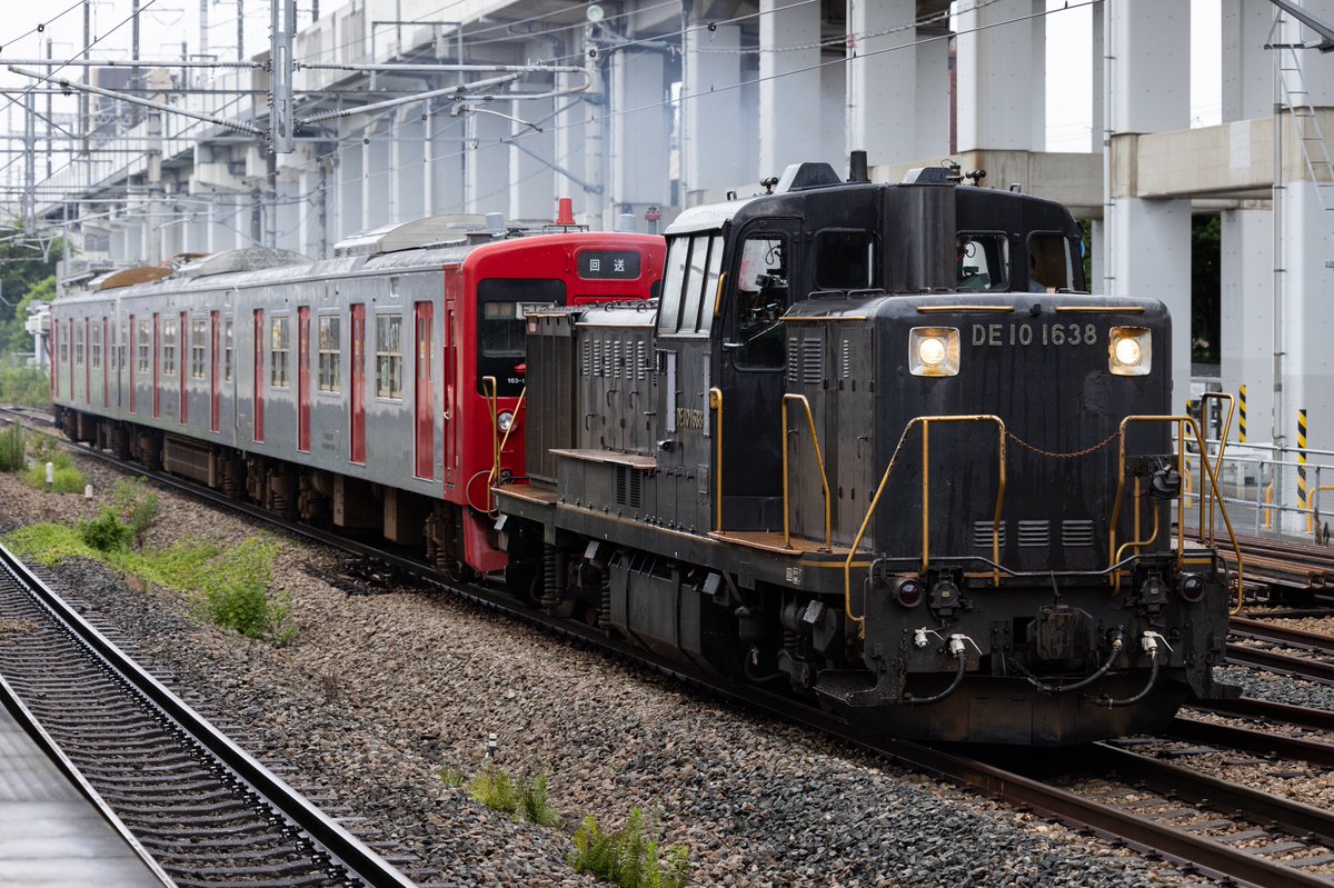acid7509's tweet image. 25/7/18 試7893レ
DE10-1638+103系E13編成
筑肥103が車輪削正を終えて唐津へ返却。
久しぶりの竹下構内撮影でした。
