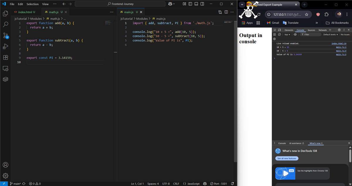 samikshya_01's tweet photo. #LSPPDay49
I learned about the export keyword in JavaScript modules. It's used to share functions, variables, or classes from one file so they can be imported and reused in another file.
#60DaysOfLearning2025 
#LearningWithLeapfrog
@lftechnology https://t.co/73RjduLILD