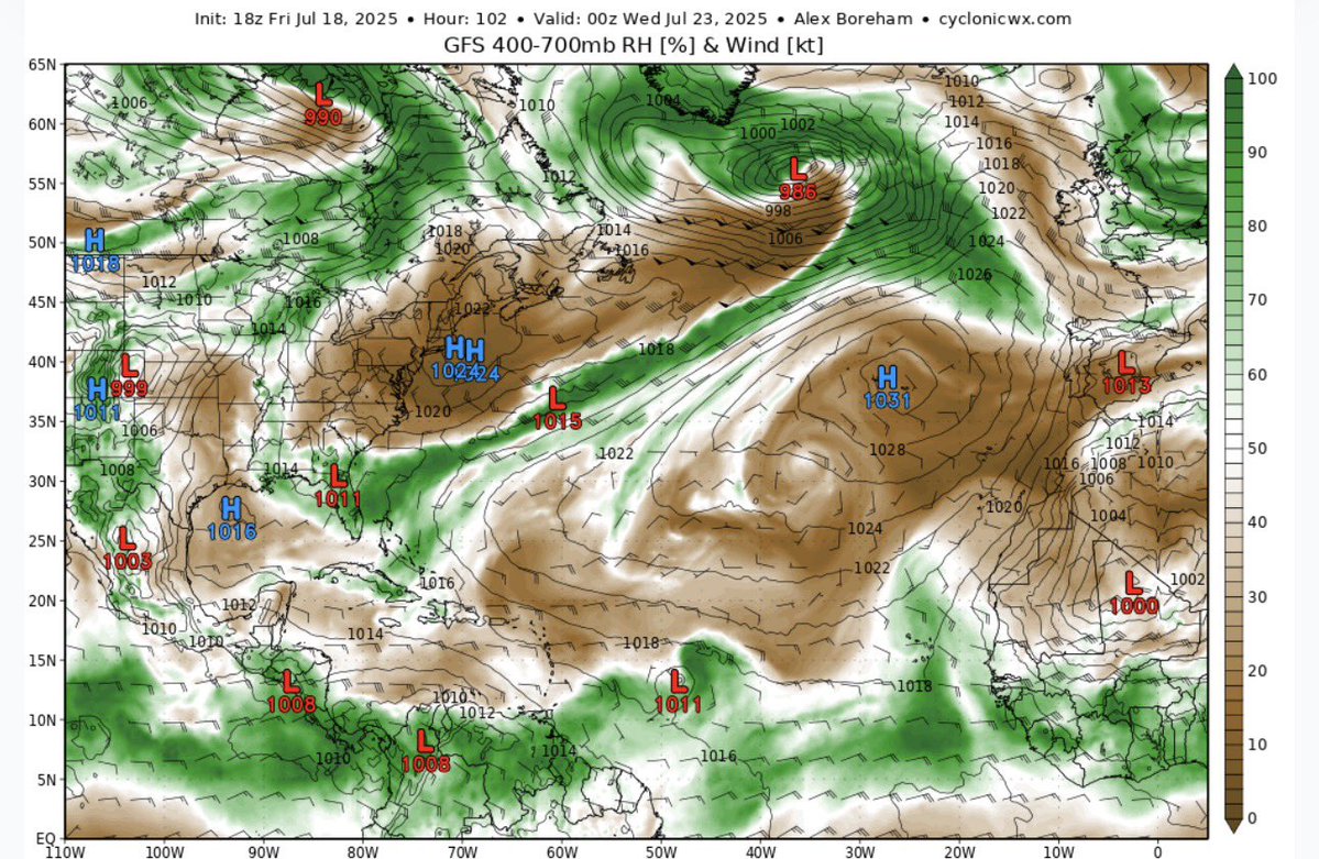 WeathermanAAA_'s tweet image. The NHC has introduced an AOI in the central MDR this evening for a convectively active AEW.
Models are in agreement on the formation of a transient tropical depression or storm, but we’ll need to closely monitor the potential for significant dry, stable air entrainment into…