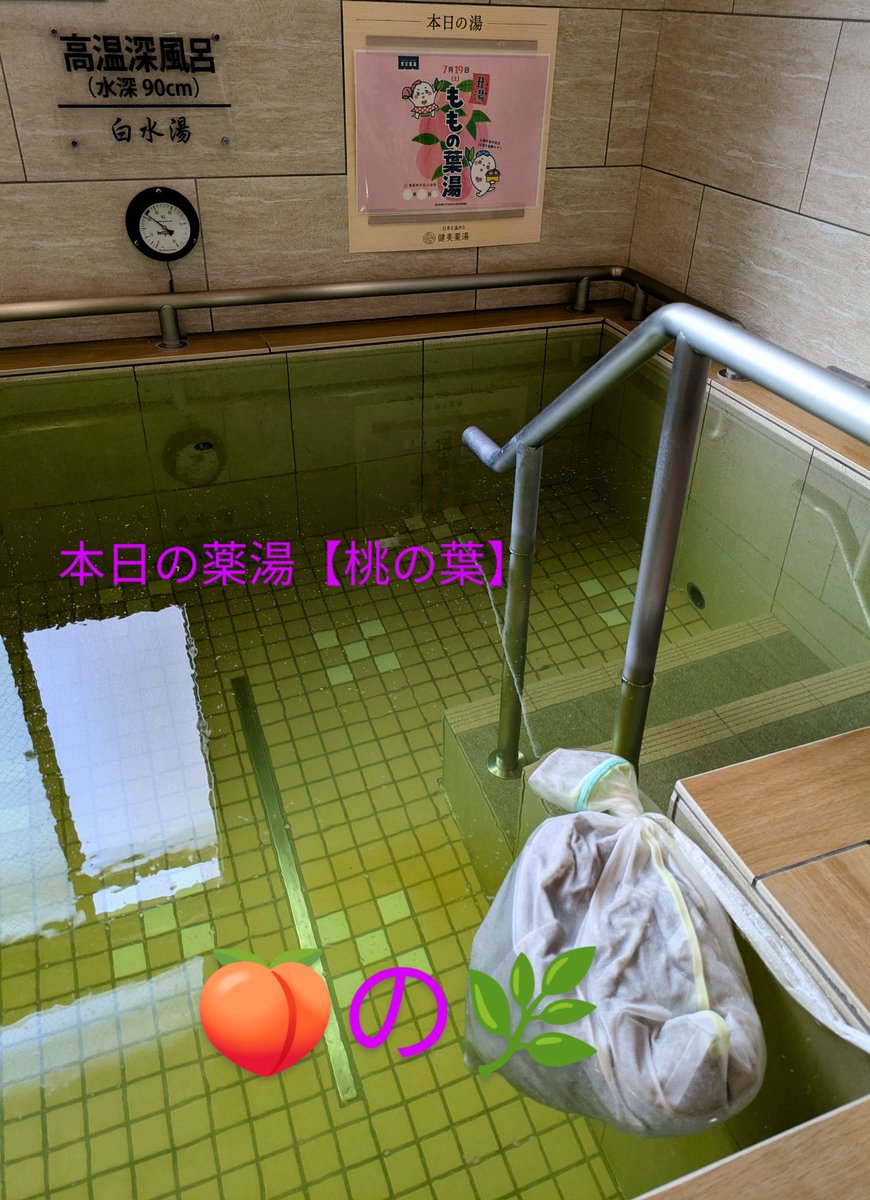 shiromizuyu1126's tweet image. 🤗おはようございます🤗
本日の薬湯【桃の葉湯】🍑の🌿の♨️
桃の葉にはポリフェノールの一種「タンニン」が含まれております。
「タンニン」には、保湿解熱作用がございますので、日焼け、あせもなどのトラブルが多い夏のお肌に特におすすめでございます♥
🤗笑顔💯以上でお待ちしております🤗