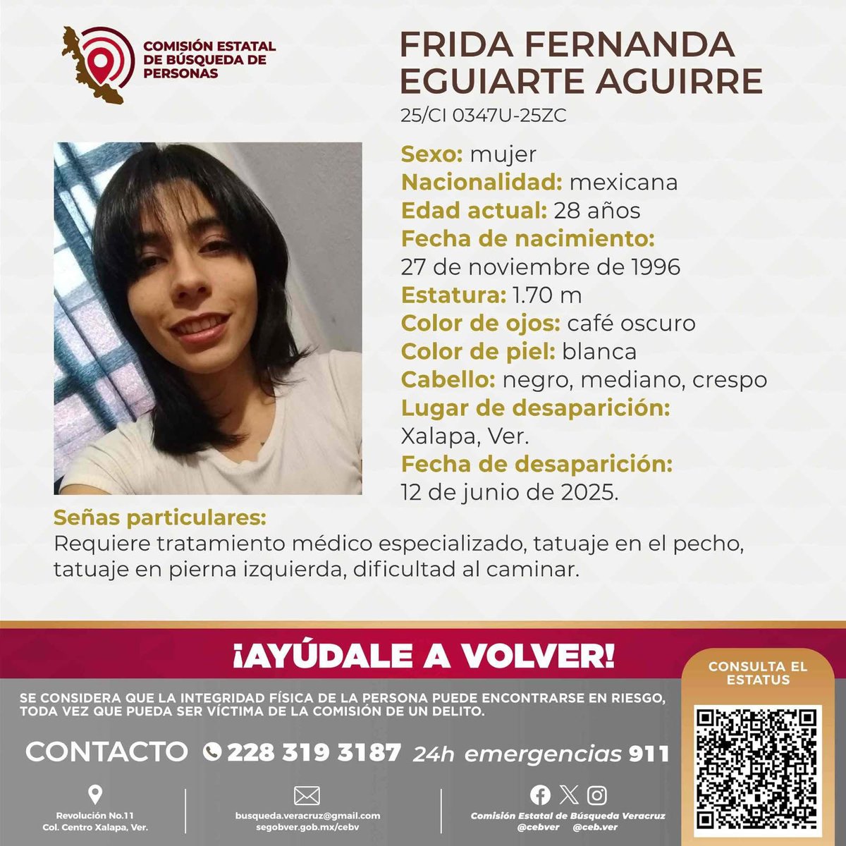 🚨#SEBUSCA🚨

Solicitamos su ayuda para localizar a #FridaFernandaEguiarteAguirre. Cualquier información respondan a este tweet o al WhatsApp 2283193187