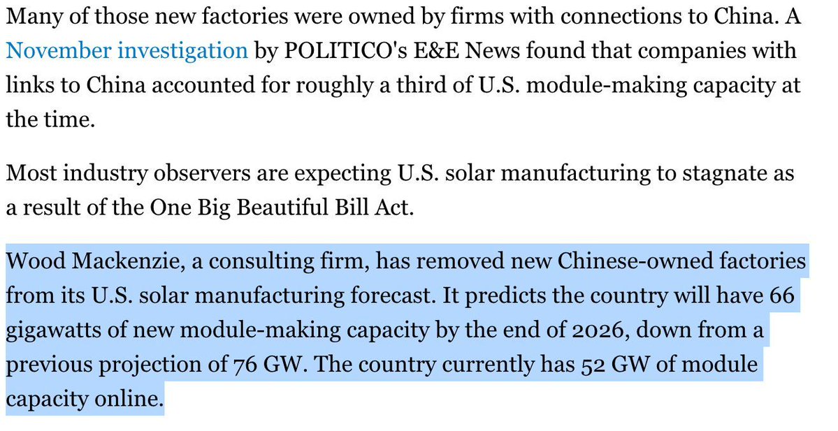 From a 200% surge in U.S. solar manufacturing in 2024 to a 10 GW rollback in projected growth by 2026—Congress’ megabill is reversing momentum in one of America’s fastest-growing industries.

Credit restrictions aimed at China are now undercutting U.S. competitiveness.