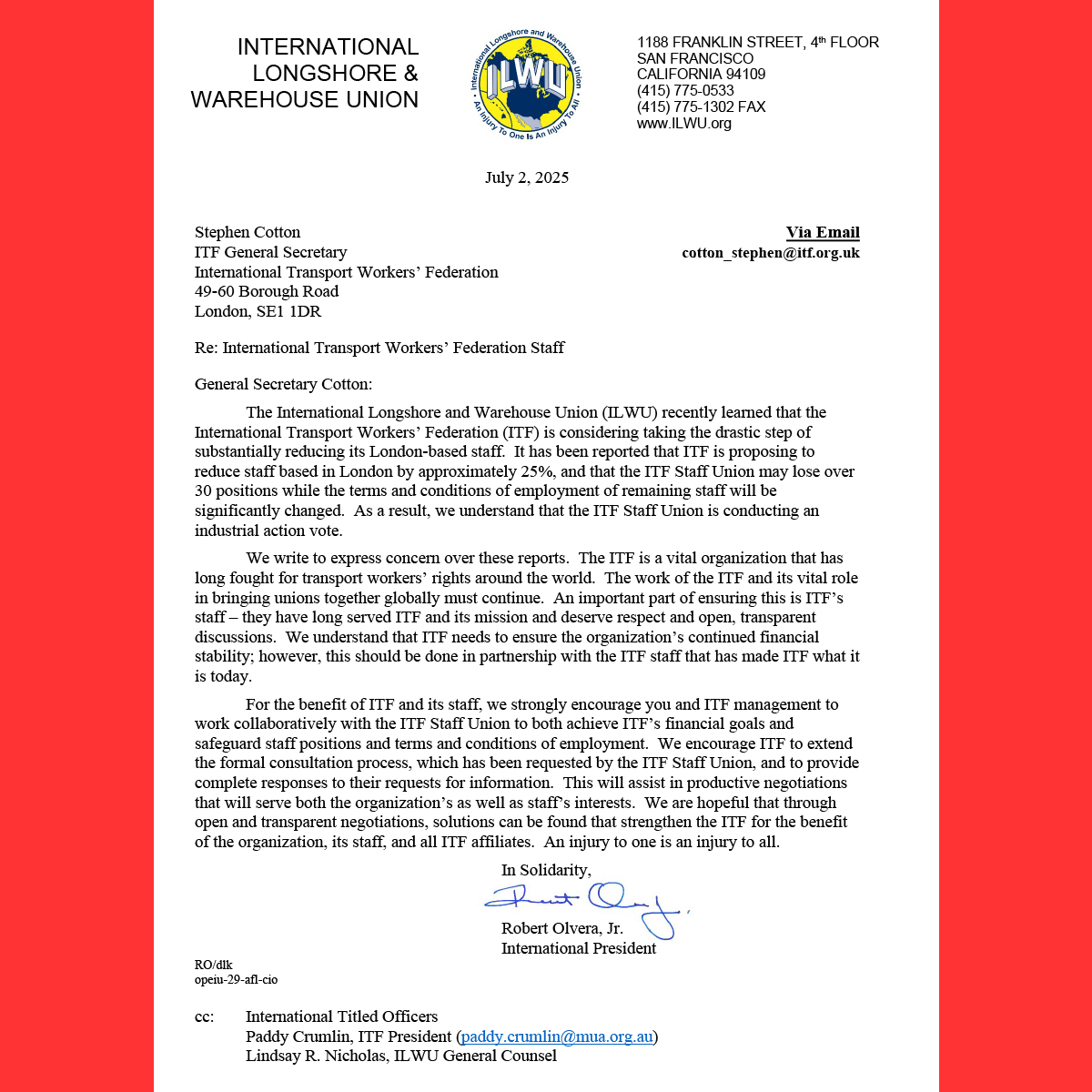 UniteITF's tweet image. Thank you to ILWU (@DispatcherIlwu) for supporting our call for a restructuring consultation process that upholds principles of fairness and equality.
Learn more and sign on to our solidarity letter here: itfstaffunion.org/takeaction/