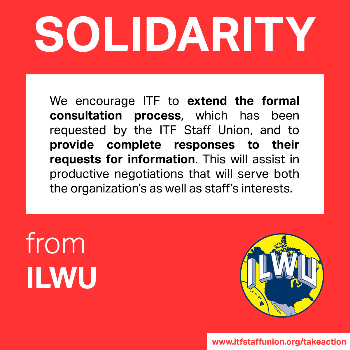 UniteITF's tweet image. Thank you to ILWU (@DispatcherIlwu) for supporting our call for a restructuring consultation process that upholds principles of fairness and equality.
Learn more and sign on to our solidarity letter here: itfstaffunion.org/takeaction/