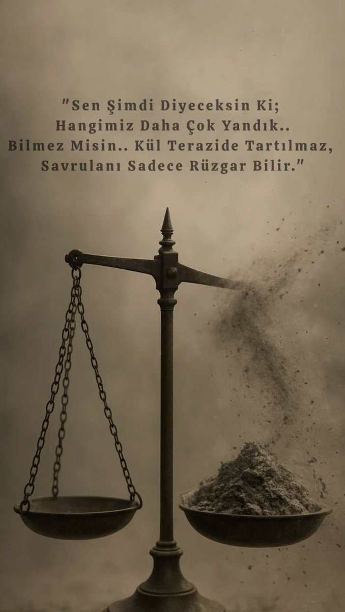 Sen şimdi diyeceksin ki; 
Hangimiz daha çok yandık. 
Bilmez misin
Kül terazide tartılmaz
Savrulanı sadece rüzgâr bilir…