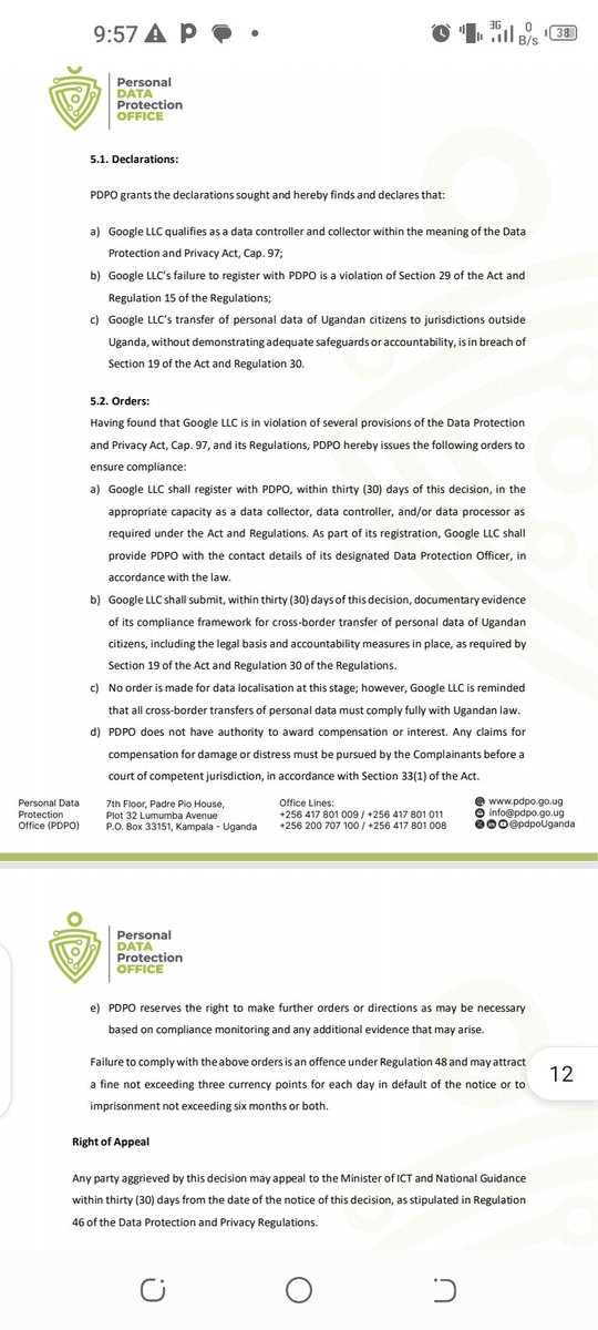 Ssekamwa Frank (@ssekamwafrank) on Twitter photo "Thrilled to share that we received a positive ruling this morning in our complaint to <a href="/pdpoUG/">Personal Data Protection Office, Uganda</a> Against <a href="/Google/">Google</a> for violating Uganda’s privacy laws and rights. Grateful to the Applicants <a href="/sharonleni/">@SharonLeni</a>,<a href="/RayAmplifies/">Raymond Amumpaire</a> <a href="/AwinoMercy3/">awino-abeno</a> our supporters, and the Government of Uganda.
#privacy "Thrilled to share that we received a positive ruling this morning in our complaint to <a href="/pdpoUG/">Personal Data Protection Office, Uganda</a> Against <a href="/Google/">Google</a> for violating Uganda’s privacy laws and rights. Grateful to the Applicants <a href="/sharonleni/">@SharonLeni</a>,<a href="/RayAmplifies/">Raymond Amumpaire</a> <a href="/AwinoMercy3/">awino-abeno</a> our supporters, and the Government of Uganda.
#privacy