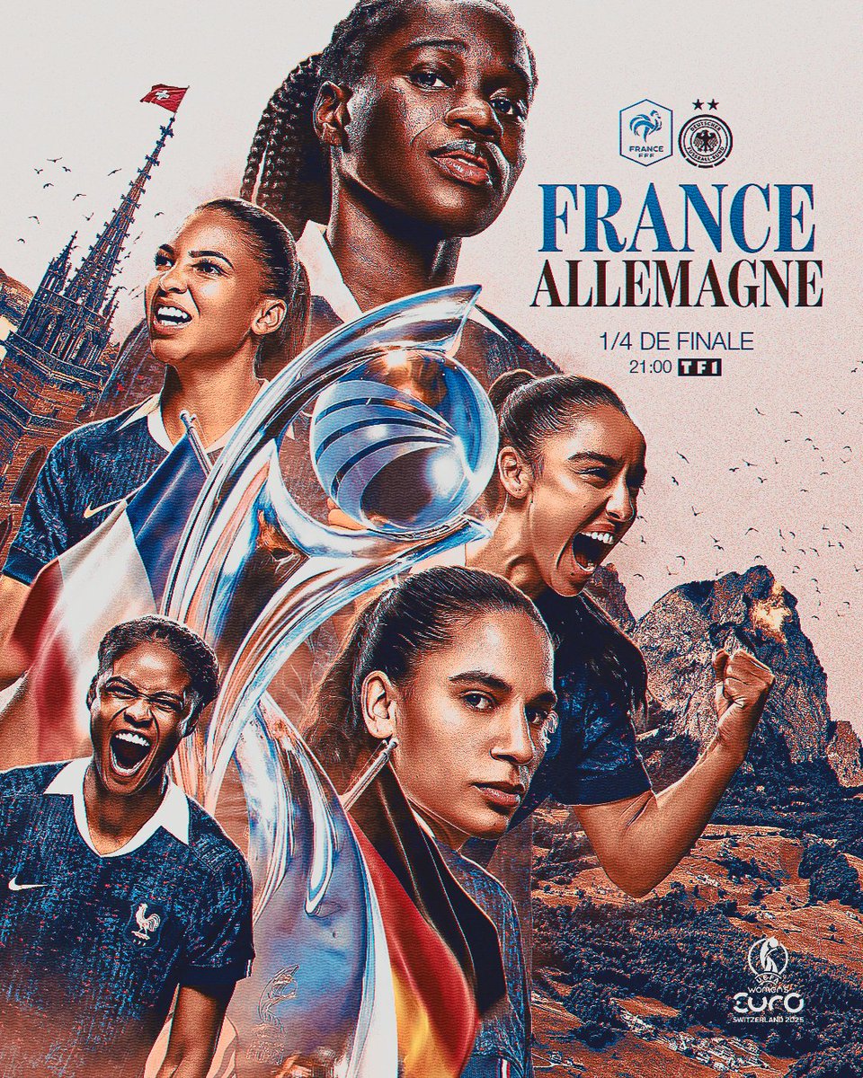 Jour de 1/4 de finale.
Jour de 🇫🇷🇩🇪. 

Ce soir à 21h sur <a href="/TF1/">TF1</a> 📺 

#WEURO2025