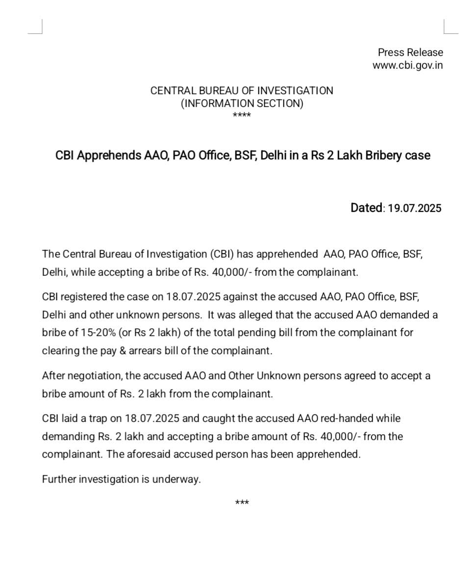 CBI Apprehends AAO, PAO Office, BSF, Delhi in a Rs 2 Lakh Bribery case