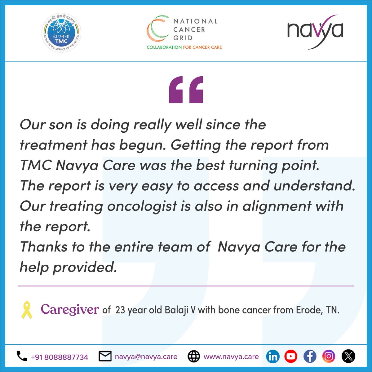 Navya Care (@navyacare) on Twitter photo #PatientTestimonial
<a href="/TataMemorial/">Tata Memorial Hospital</a> <a href="/CancerGridIndia/">NationalCancerGrid</a> <a href="/NavyaCare/">Navya Care</a>
<a href="/NRamarajan/">Naresh Ramarajan</a> #GitikaSrivastava #PatientTestimonial
<a href="/TataMemorial/">Tata Memorial Hospital</a> <a href="/CancerGridIndia/">NationalCancerGrid</a> <a href="/NavyaCare/">Navya Care</a>
<a href="/NRamarajan/">Naresh Ramarajan</a> #GitikaSrivastava