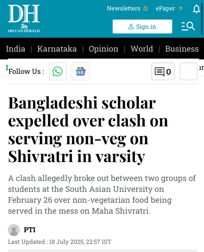 kunalpurohit's tweet image. What a fall for the South Asian University.
ABVP mob attacks students, insisting that only veg food be served on Maha Shivratri. Student groups object. Ruckus ensues.
Bangladeshi scholar suspended but no word on action against ABVP.