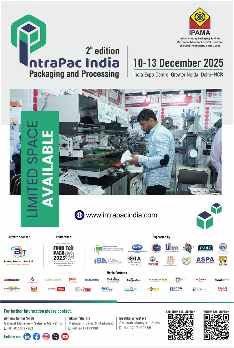 𝐓𝐡𝐞 𝐟𝐮𝐭𝐮𝐫𝐞 𝐨𝐟 𝐏𝐫𝐨𝐜𝐞𝐬𝐬𝐢𝐧𝐠 &amp; 𝐏𝐚𝐜𝐤𝐚𝐠𝐢𝐧𝐠 𝐢𝐬 𝐡𝐞𝐫𝐞! 🌟

📦 Join us at 𝐈𝐧𝐭𝐫𝐚𝐏𝐚𝐜 𝐈𝐧𝐝𝐢𝐚 𝟐𝟎𝟐𝟓 — where Innnovation meets excellence, and let's pack a punch together!

👉 Visit: intrapacindia.com