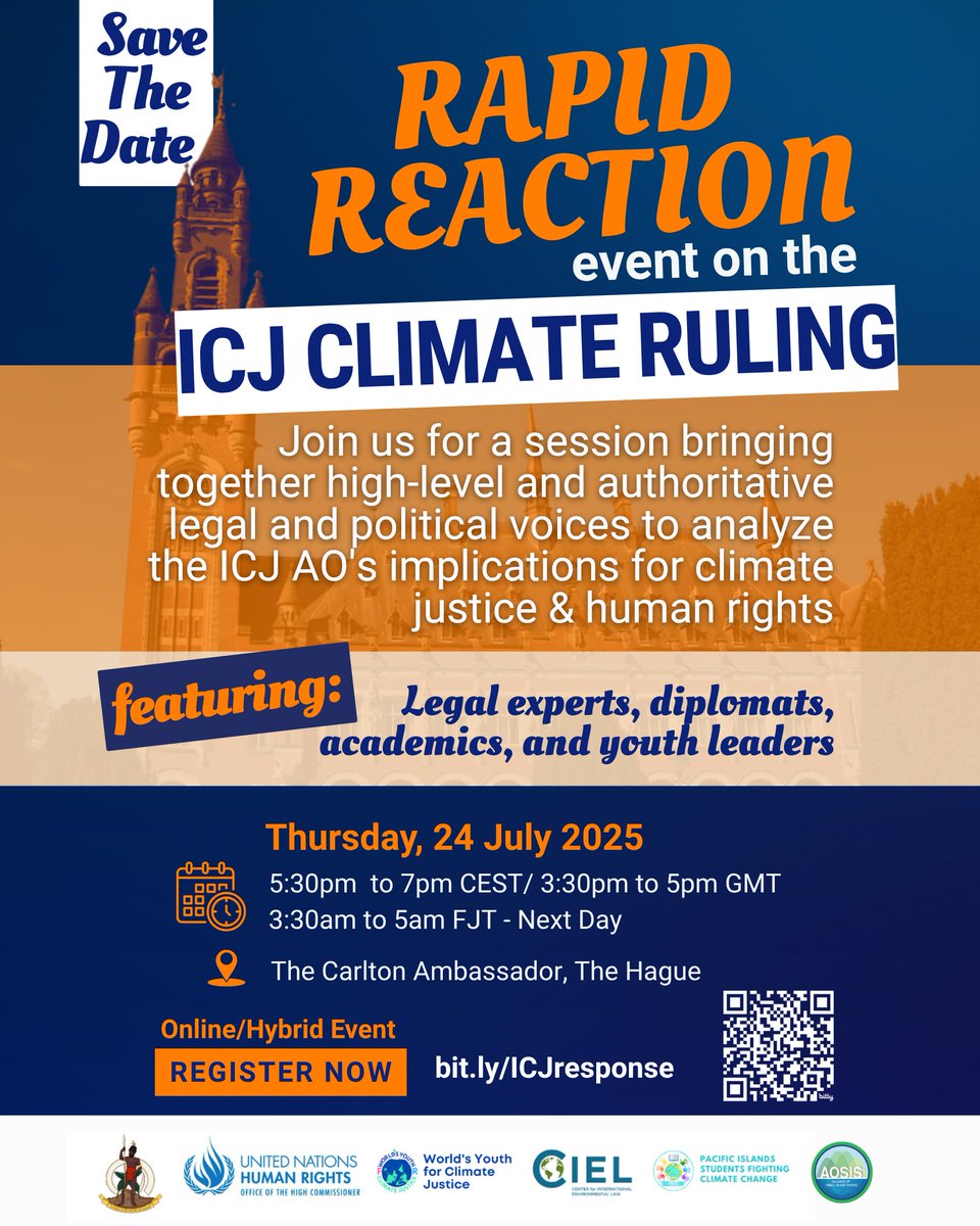 After the historic #ClimateICJAO ruling, join us the very next day for a rapid-response global gathering. Top legal voices will break down what the ICJ said &amp; what it means for #ClimateJustice &amp; #humanrights

Open to all-Register: bit.ly/ICJresponse

#ClimateJusticeAtTheICJ