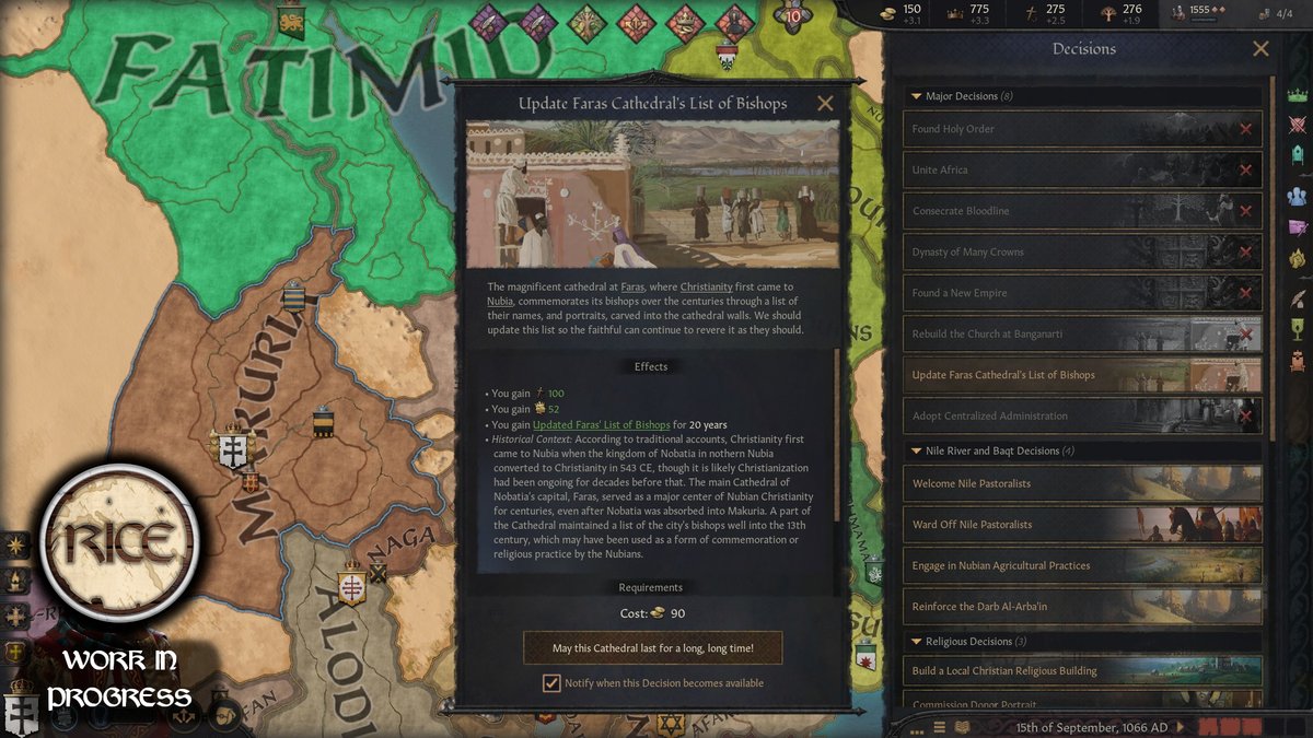 📝Nubia Flavor Pack Preview #11📝

Clue 11 for RICE's upcoming Nubia update was about the profound influence the Greek language had on medieval Nubia. For instance, most bishops of Faras, who were powerful religious figures in Makuria, had Greek names

#CK3 #CK3Mod #CrusaderKings