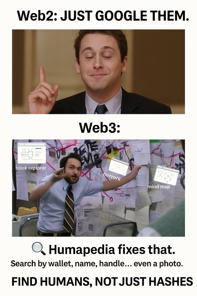 movement000's tweet photo. Web2: Just Google them.
Web3: Opens 6 tabs, 3 block explorers, 2 mirrors… still confused.

🔍 Humapedia fixes that.
Search by wallet, name, handle… even a photo.
Find humans, not just hashes.
👉 https://t.co/YRoDvLasOe
@humapedia_org
#Web3Humans #Humapedia #CryptoLife https://t.co/1pMZgIXJNP
