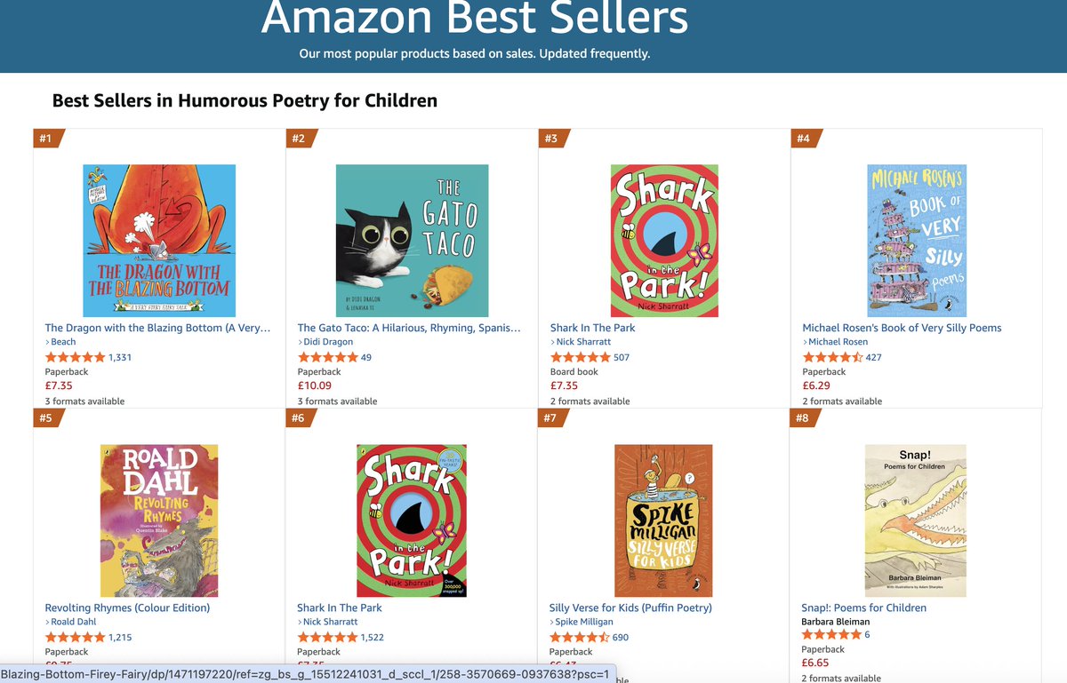 BarbaraBleiman's tweet image. There it is! Number 8 in Humorous Poetry for Children, next to Spike Milligan and close to @MichaelRosenYes That's just fine by me! And the reviews so far are really lovely too. shorturl.at/zFxLt