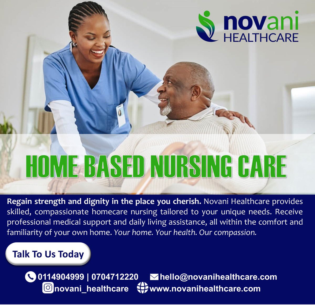 Jambo Jambo!

Nawakumbusha ya kwamba, 

We offer Home based Skilled Nursing Services backed with excellently curated Individualized Care Plan, and Service Plan.

We care for you and your family beyond the walls.

For inquiries, call us at 0114904999, reach out to me directly at