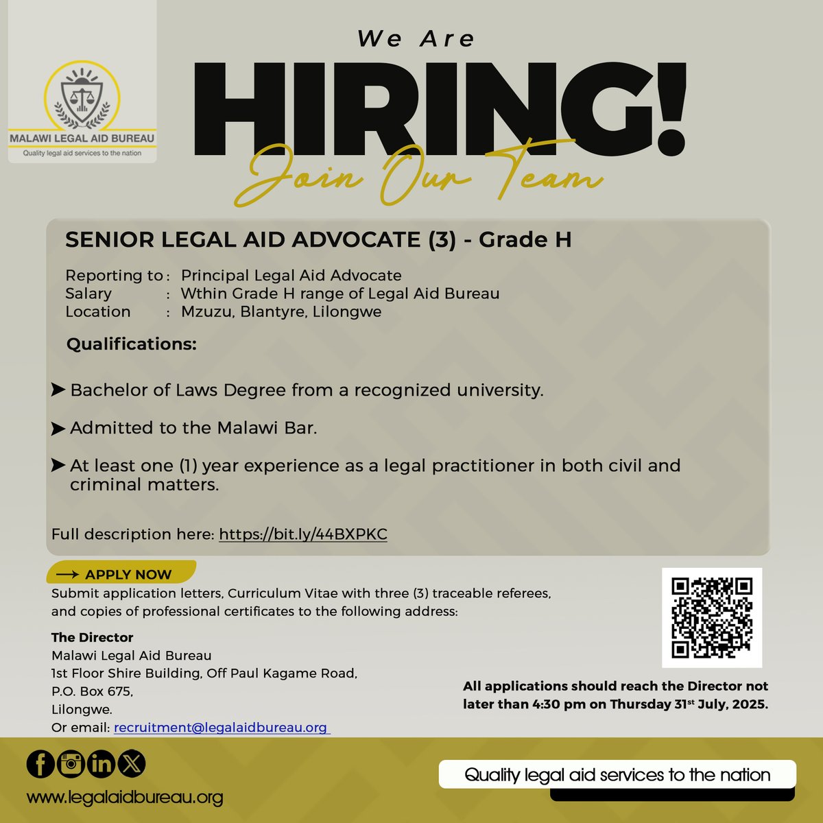 𝐖𝐄 𝐀𝐑𝐄 𝐇𝐈𝐑𝐈𝐍𝐆!

Vacant posts available are:

3 Senior Legal Aid Advocates (Grade H), 3 Drivers (Grade N), 8 Process Servers (Grade P).

You can get a full description of the vacancies on our website: bit.ly/44BXPKC