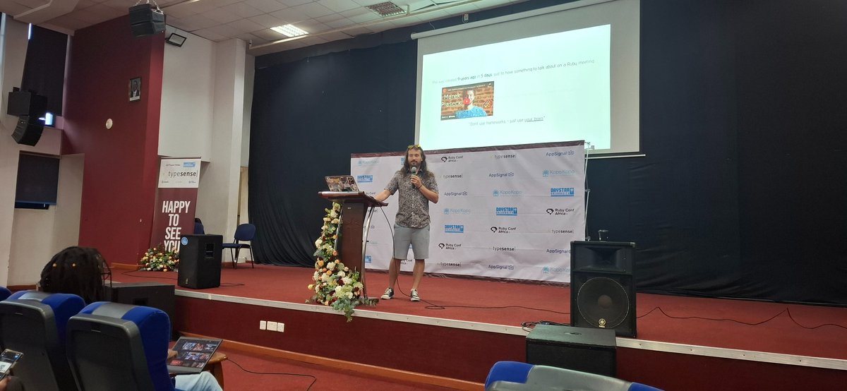 Bernard Banta (@bantab) on Twitter photo Great to have <a href="/mad_maniak/">Marek Piasecki</a> back to talk about "Yet Another Ruby Framework". Watch out for the recorded workshop about it.
<a href="/ruby_african/">African Ruby Community</a> <a href="/KopoKopoInc/">Kopo Kopo, Inc.</a> <a href="/typesense/">typesense |</a> <a href="/SolutechLimited/">Solutech Limited</a>
#RubyConfAfrica #RubyConfAfrica2025 #africanruby #nairuby #rubycommunity Great to have <a href="/mad_maniak/">Marek Piasecki</a> back to talk about "Yet Another Ruby Framework". Watch out for the recorded workshop about it.
<a href="/ruby_african/">African Ruby Community</a> <a href="/KopoKopoInc/">Kopo Kopo, Inc.</a> <a href="/typesense/">typesense |</a> <a href="/SolutechLimited/">Solutech Limited</a>
#RubyConfAfrica #RubyConfAfrica2025 #africanruby #nairuby #rubycommunity
