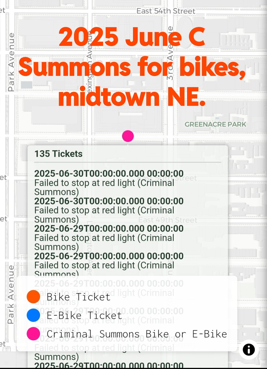 The address reporting of NYC NYPD c-summons for ebike criminal moving violations appears largely invalid, as many reports round off the location to the local police station house.   Worked example is 2025 June summons reported for midblock of e51st St between Third Ave and