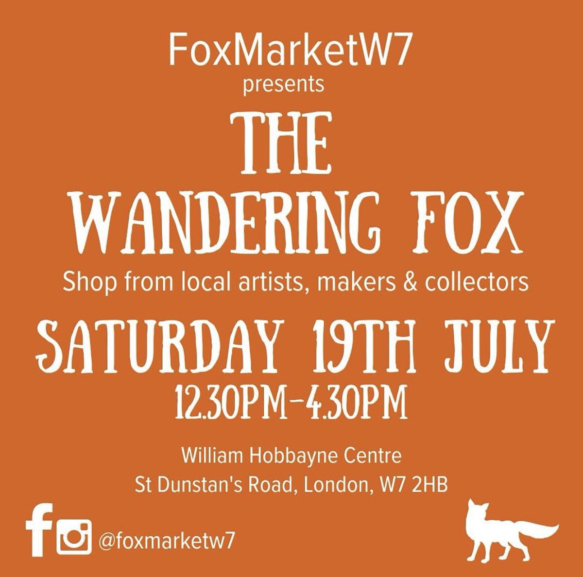 #Pitshanger #GBHighSt #PitshangerLane residents Why not check out the <a href="/FoxMarketW7/">The Wandering Fox</a> market today. There’s going be a great selection of local artists &amp; makers so pop by &amp; check out those #smallbusinessowner &amp; make a purchase #shoplocal #eatlocal #drinklocal this weekend.