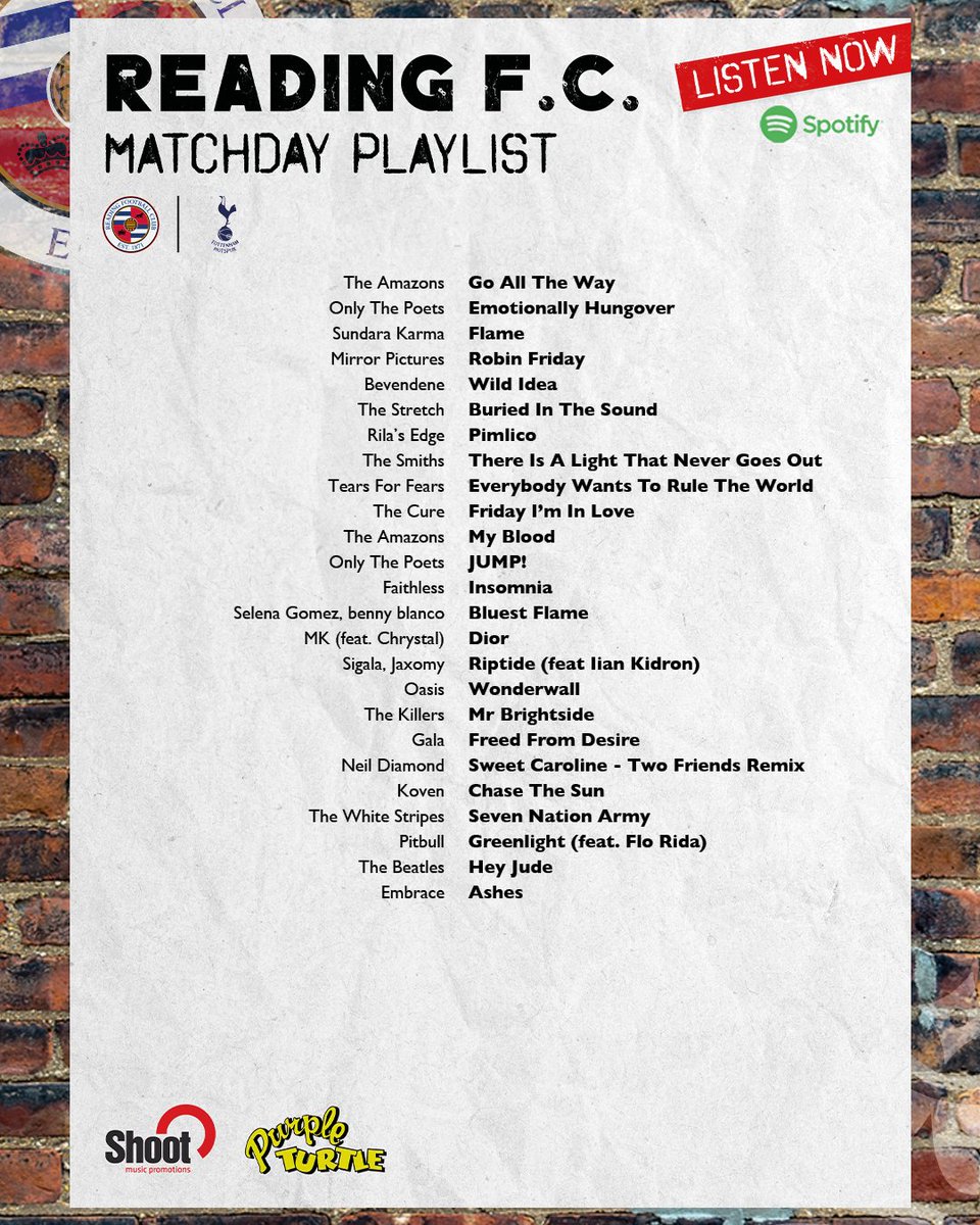 Reading FC (@readingfc) on Twitter photo Your pre match playlist is now live 🎶
readingfc.co/playlistspurs
<a href="/PurpleTurtleRdg/">Purple Turtle</a> | <a href="/ShootMusic/">Shoot Music</a> Your pre match playlist is now live 🎶
readingfc.co/playlistspurs
<a href="/PurpleTurtleRdg/">Purple Turtle</a> | <a href="/ShootMusic/">Shoot Music</a>