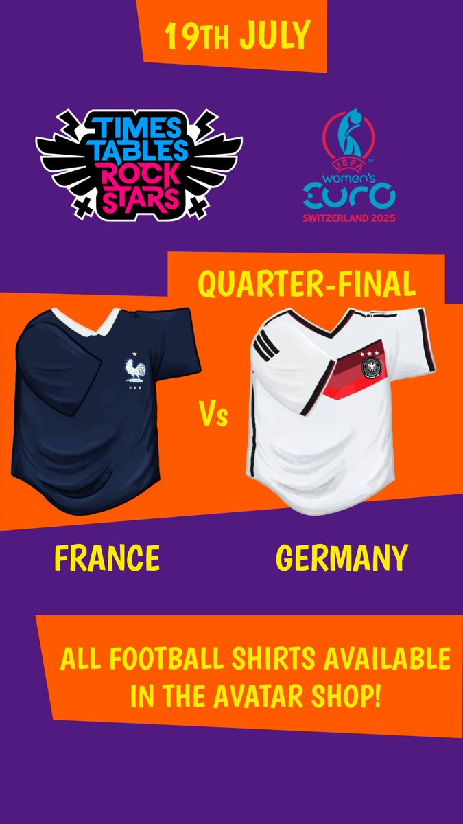 TTRockStars's tweet image. Our last quarter-final of @WEURO2025 ⚽️....
France🇫🇷 vs Germany🇩🇪
Get your class involved! We've added football shirts for each team in the Euros to our Avatar Shop. 👕🛒
#WomensEuros #WEURO2025