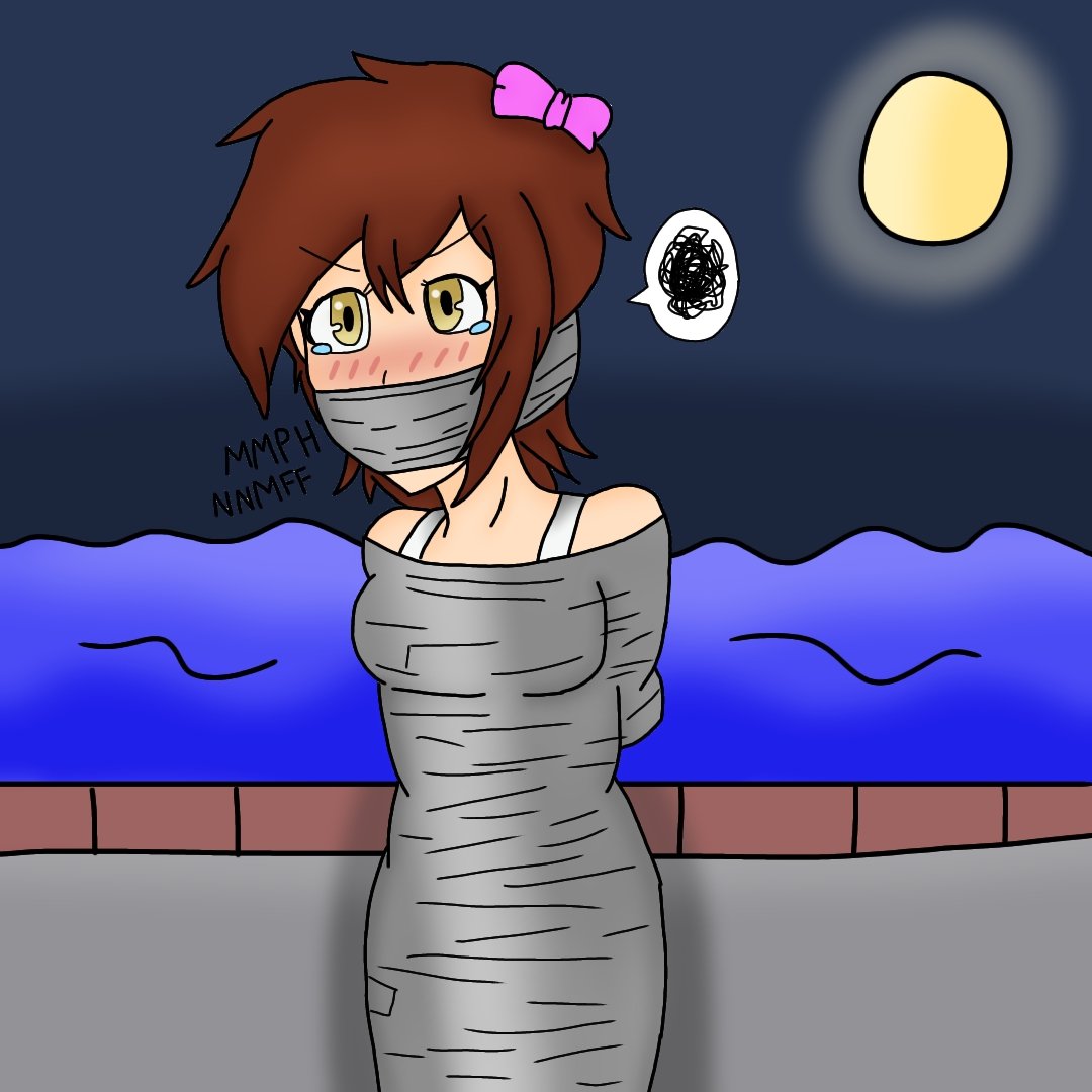 Taiyo has been fully wrapped up with duct tape and been transported to the docks. Taiyo has to learn to swim fast if her captors decide to throw her off into the sea.

Drawn by: <a href="/Zaik_L/">Zaik🪢</a> 
Colored &amp; redrawn by myself
Featuring Taiyo (<a href="/Sayori_ddlc_exe/">Tsuki the ghost 👻🩵</a>'s OC)
