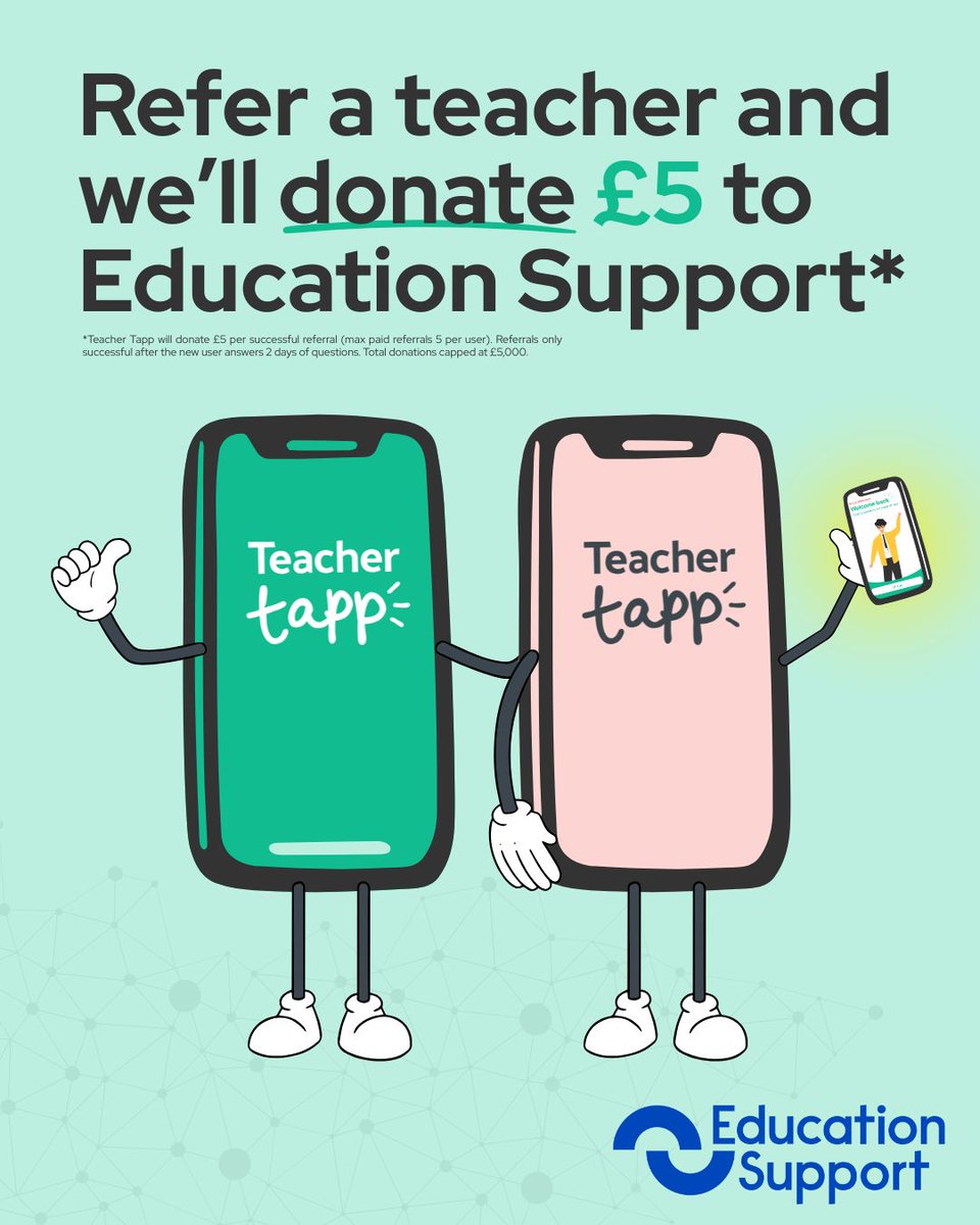 Teacher Tapp (@teachertapp) on Twitter photo You share. They join. We donate.
📲 Invite a friend to join Teacher Tapp, and we’ll donate £5 to <a href="/EdSupportUK/">👩🏫 Education Support 👨🏫</a> for every successful referral.
Let’s support teacher wellbeing and make the collective voice of teachers stronger! 💚 You share. They join. We donate.
📲 Invite a friend to join Teacher Tapp, and we’ll donate £5 to <a href="/EdSupportUK/">👩🏫 Education Support 👨🏫</a> for every successful referral.
Let’s support teacher wellbeing and make the collective voice of teachers stronger! 💚