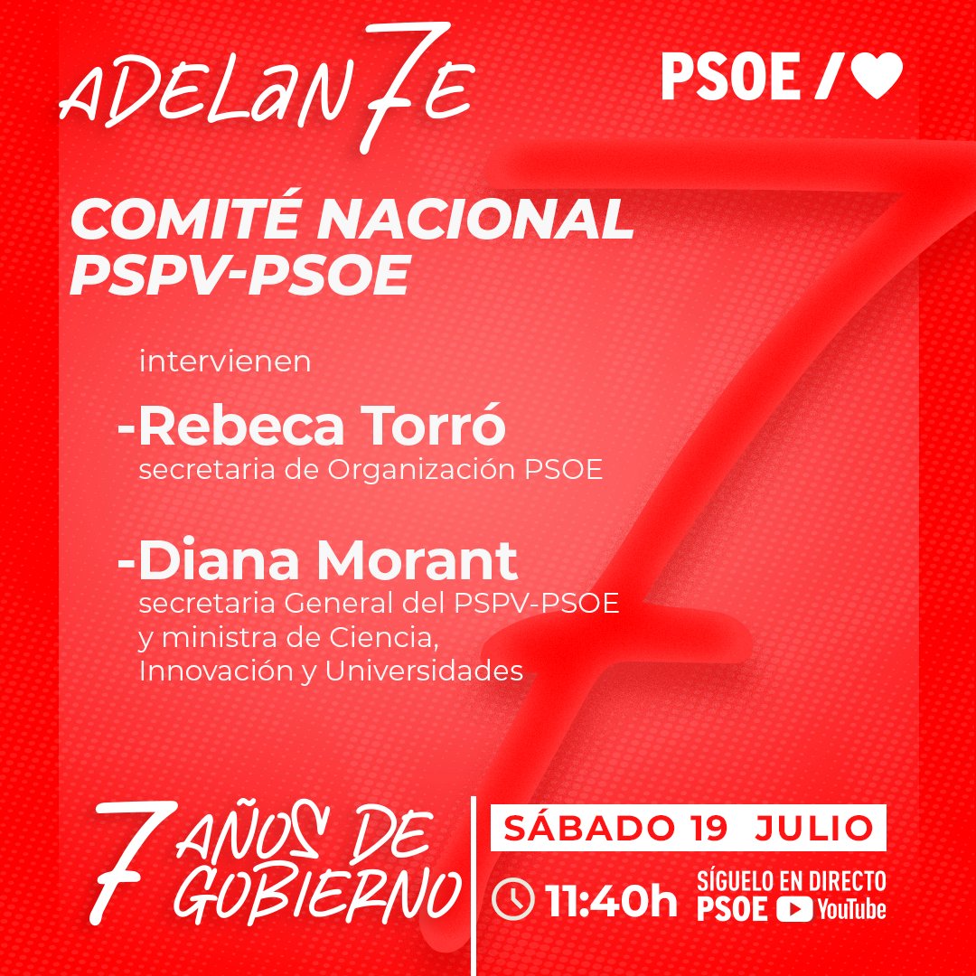 PSOE (@psoe) on Twitter photo ¡Buenos días! ⏰☕️
📢 No te pierdas el Comité Nacional de <a href="/SocialistesVal/">PSPV-PSOE</a>.
Intervienen:
🗣️ <a href="/Rebeca_Torro/">Rebeca Torró/❤️</a>
🗣️ <a href="/DianaMorantR/">Diana Morant</a>
📌 Desde València.
⏲️ A partir de las 11:40 h.
▶️ Síguelo en directo en nuestro canal de YouTube.
youtube.com/watch?v=aLcwtf…
#Adelan7e ¡Buenos días! ⏰☕️
📢 No te pierdas el Comité Nacional de <a href="/SocialistesVal/">PSPV-PSOE</a>.
Intervienen:
🗣️ <a href="/Rebeca_Torro/">Rebeca Torró/❤️</a>
🗣️ <a href="/DianaMorantR/">Diana Morant</a>
📌 Desde València.
⏲️ A partir de las 11:40 h.
▶️ Síguelo en directo en nuestro canal de YouTube.
youtube.com/watch?v=aLcwtf…
#Adelan7e